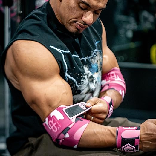 PR Personal Record Elbow Wraps for Weightlifting - Heavy Duty Construction, 25% More Elasticity, Reinforced Stitching, Extra Wide Fastener, Easy to Adjust, 3 Inches x 36 Inches (Digital Pink)