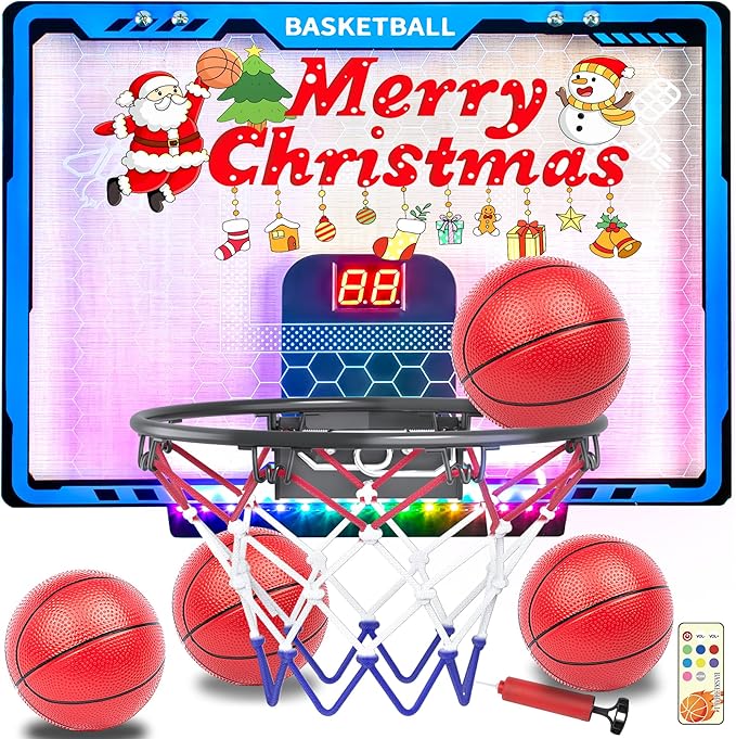 Awsoo Indoor Basketball Hoop for Kids, Mini Basketball Hoop with Electronic Scoreboard & LED Lights, Over The Door Basketball Hoop with 4 Balls, Slam Dunk Basketball Toy for Boys Girls Age 3-12 (Blue)