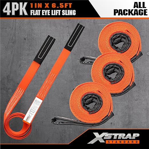 XSTRAP STANDARD 4PCS 1" x6.5ft Lifting Sling 1-Ply Red Web Strap, 2000 LBS Vertical (907 KG), 1600 LBS Choker (725 KG), 5:1 Safety Factor, Twist Eye Polyester Slings for Rigging Hoist Recovery Tree