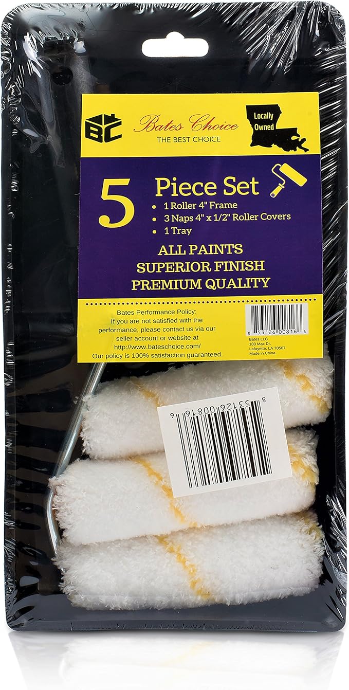 Bates- Paint Tray Set, 4 inch Paint Roller, Paint Tray, Foam Roller, Roller Brush, Small/Mini 4", House Painting Supplies, Paint Roller Covers, Roller Frame, Roller Naps