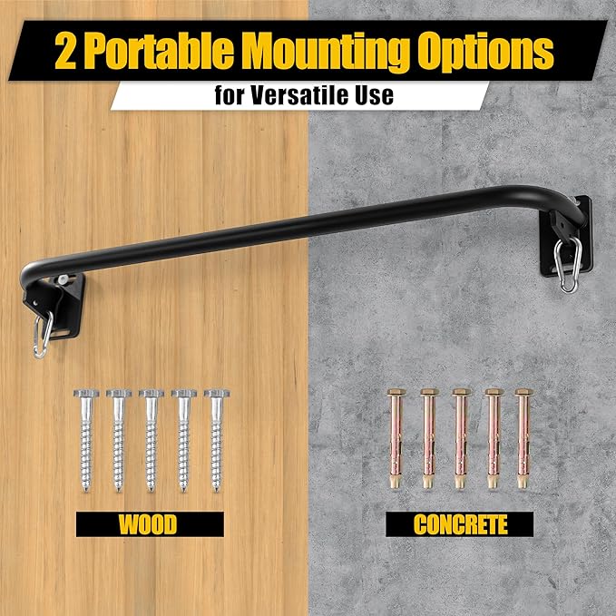 Heavy Duty Wall Mounted Pull Up Bar with 8mm Thick Steel Plates & Heavy-Duty Carabiner, Strength Training Bar for Home Gym, Garage and Indoor Workout