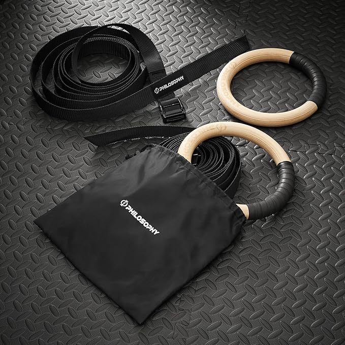 Philosophy Gym Wood Gymnastic Rings 1" or 1.25" Grip with Adjustable Straps and Grip Tape for Pull Ups, Dips, Muscle Ups