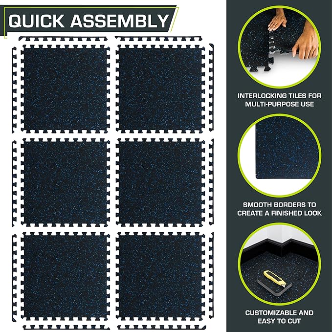 ProsourceFit Rubber Top Exercise Puzzle Mat ¾-inch, EVA Foam, Protective Interlocking Tiles for Home Gym Equipment and Workouts; Blue, 24 SQ FT, 6 Tiles
