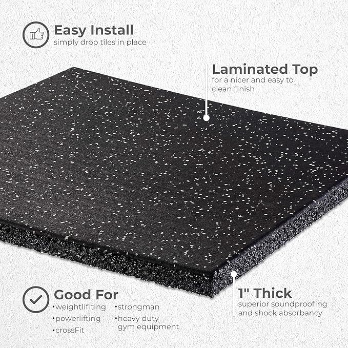 Genaflex Pro Heavy Duty Thick Rubber Gym Floor Tiles High Density Shock Absorbent Laminated Deadlift Mats - 1" Thick X 20" W X 20" L - 2.7 Sq. Ft. (Grey/Black, 12 Tiles - 32 Sq. Ft.)