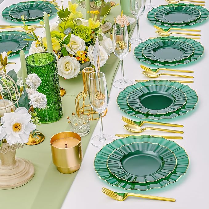 60pcs Green Plastic Plates with Gold Rim, Clear and Gold Plate, Green Diposable Plates Include 30 Dinner & 30 Dessert Plate for Party Wedding