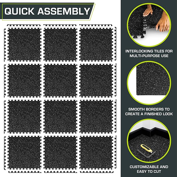 ProsourceFit Rubber Top Exercise Puzzle Mat ¾-inch, EVA Foam, Protective Interlocking Tiles for Home Gym Equipment and Workouts; Grey, 48 SQ FT, 12 Tiles