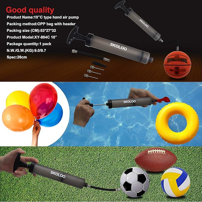 SKOLOO 10" Portable Hand Air Ball Pump Inflator Kit with Needle, Nozzle, Extension Hose for Soccer Basketball Football Volleyball Water Polo Rugby Exercise Sports Ball Balloon Swim Inflatables