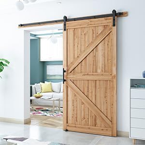 SMARTSTANDARD 8.2 FT Heavy Duty Sturdy Sliding Barn Door Hardware Kit, Black, (Whole Set Includes 1x Pull Handle Set & 1x Floor Guide) Fit 42"-48" Wide Door Panel (I Shape Hanger)