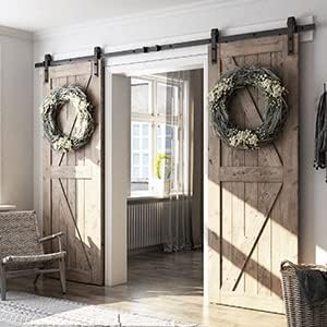 SMARTSTANDARD 9 FT Double Barn Door Hardware Kit, Sliding Door Track-Smoothly and Quietly -Includes Detailed Installation Fit 27" Wide Doorpanel (J Shape Hanger) Black
