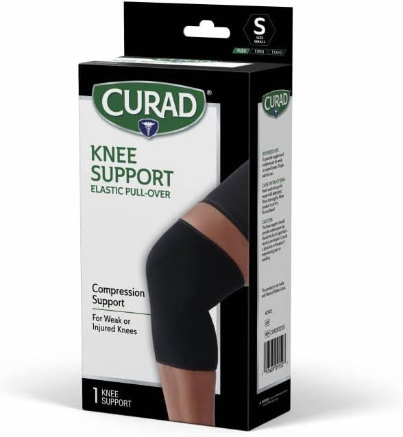 CURAD Knee Support for Men & Women, Elastic, Pull-Over, Knee Brace for Running Knee Pain, Workout Sports Knee Brace, Black, Small