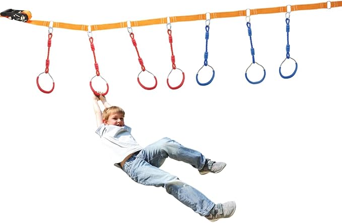 Backyard Ninja Ring Hang Gymnastic Fist Swing Monkey Bar Playground Equipment Climbing Attachment Playground Play Set, 8 Red Obstacle Course Fit Rings Jungle Gym Slackline Warrior Training Equipment