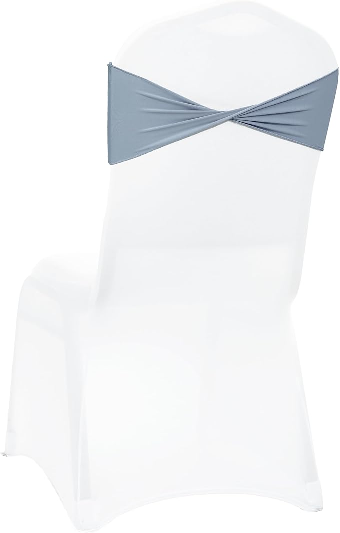 MDS Pack of 150 Spandex Chair Sashes Bows Elastic Stretch Dining Chair Bands Ties Without Slider Buckle Universal fits for Wedding Baby Shower Birthday Party Banquet Event Decoration - Dusty Blue