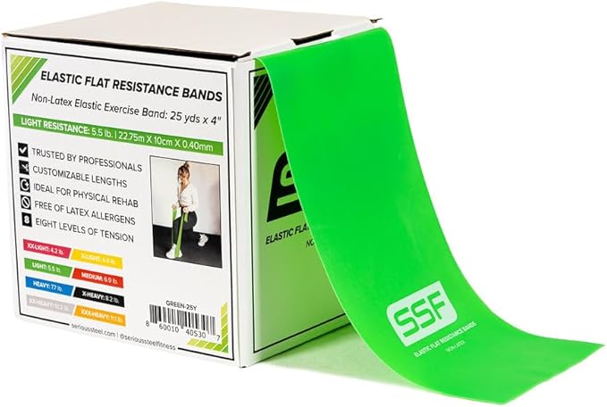 Serious Steel Fitness Flat Resistance Bands for Upper and Lower Body Strength Training and Exercise. (Non-Latex Flat Physical Therapy Exercise Bands - 4" x 25 Yards or 4" x 5 Feet)