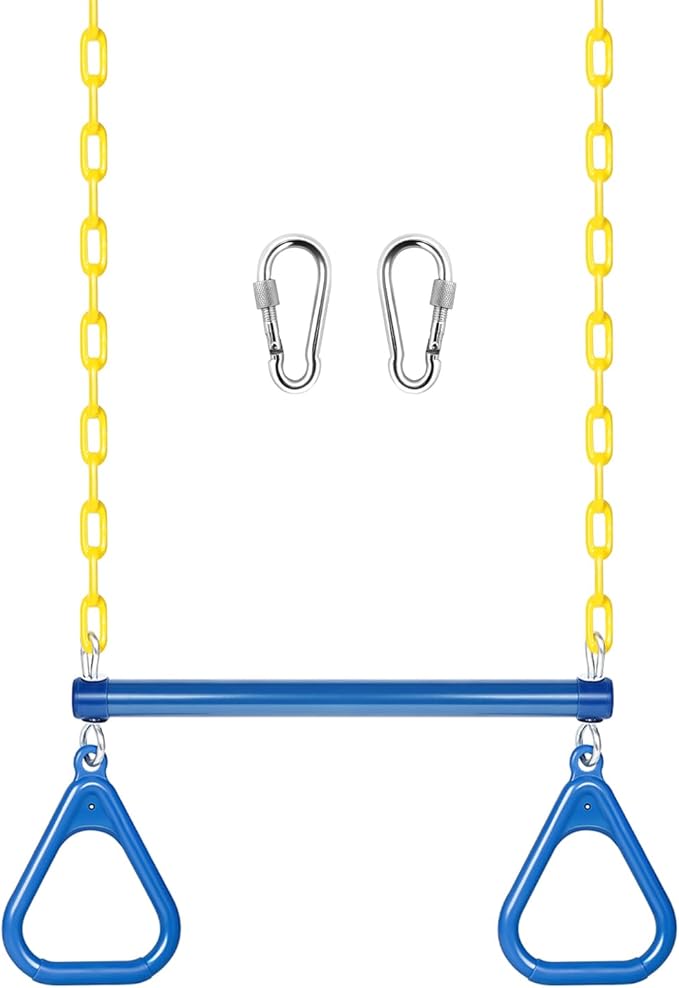 LadyRosian 17" Trapeze Bar Swing Set Gym Rings 47" Heavy Duty Chain Swing Set Accessories with Locking Carabiners Plastic Coated Chains Monkey Bars for Backyard, Playroom (Blue)