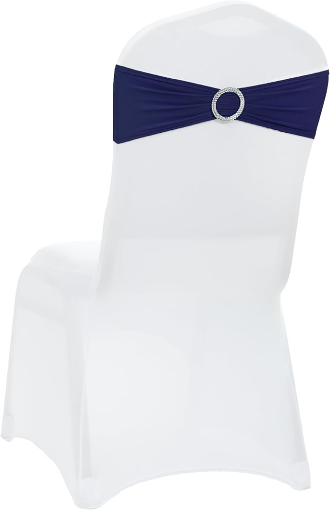 VDS - Navy Blue | Spandex Chair Sashes Bows | 125 PCS | Stretch Elastic Banquet Universal Folding Chair Band Tie with Silver Buckle Slider for Wedding Party Conference Celebration Event Decoration