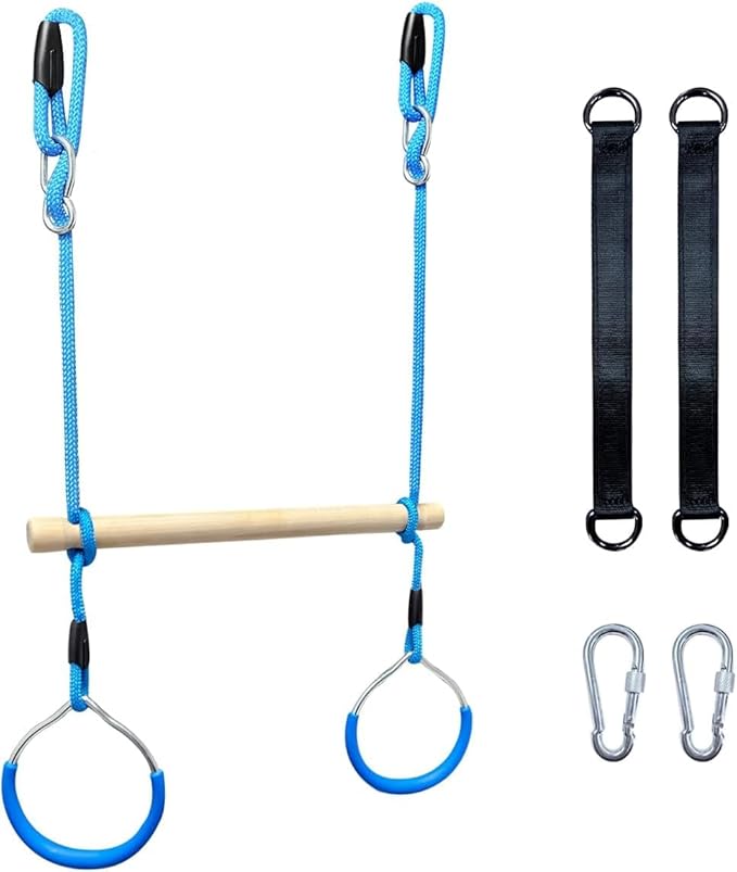 Trapeze Swing Bar with Gymnastic Rings Warrior Accessories for Obstacle Course Monkey Bars for Indoor Outdoor Garden，Backyard, Playground, Playroom（Blue）
