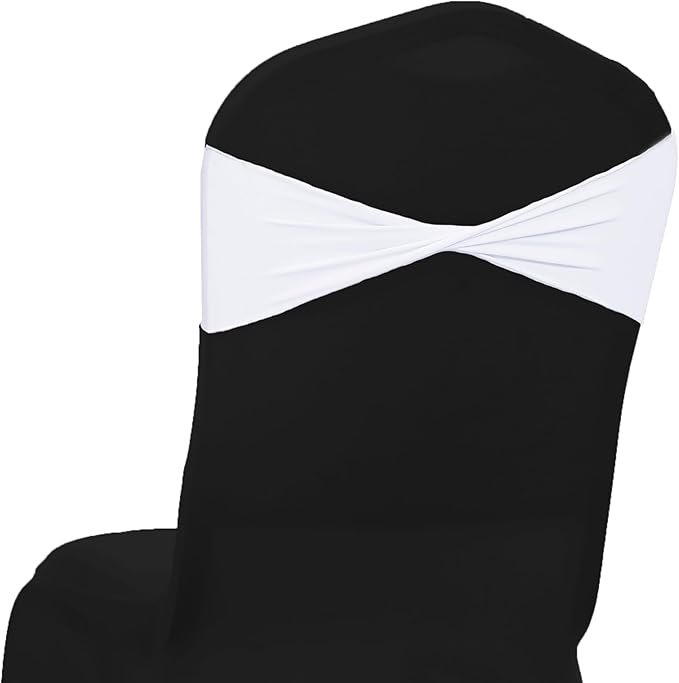 MDS Pack of 25 Spandex Chair Sashes Bows Elastic Stretch Dining Chair Bands Ties Without Slider Buckle Universal fits for Wedding Baby Shower Birthday Party Banquet Event Decoration - White