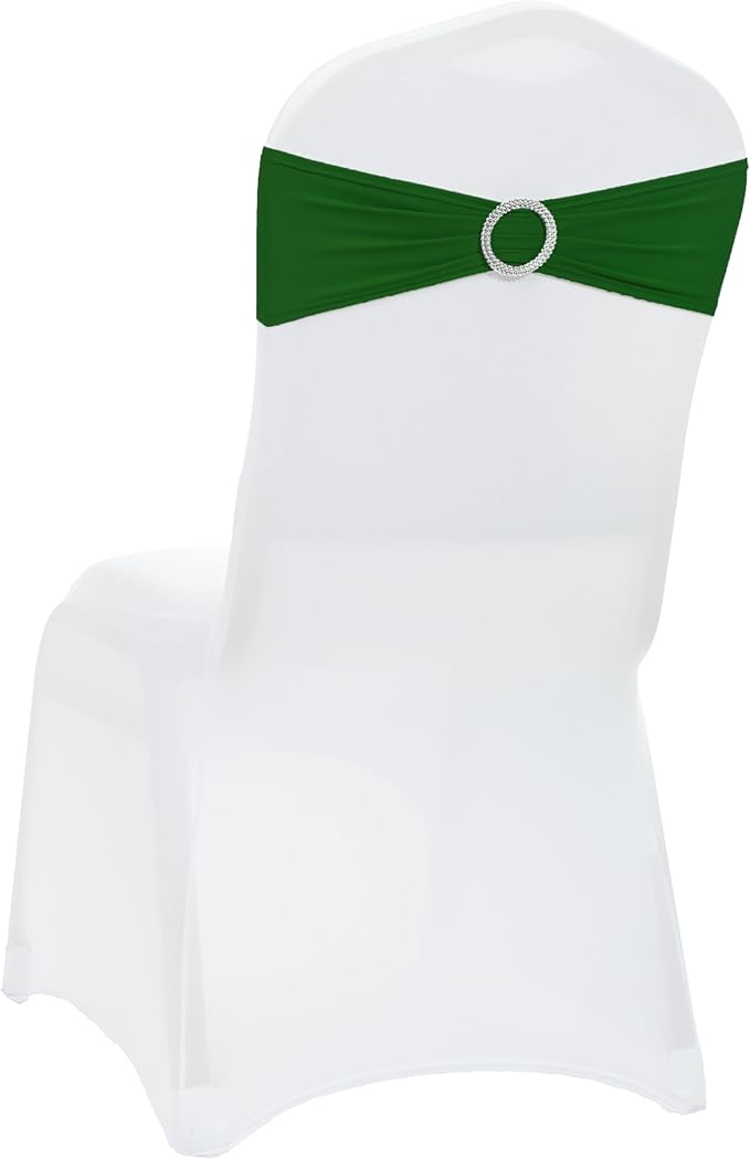 VDS - Green | Spandex Chair Sashes Bows | 75 PCS | Stretch Elastic Banquet Universal Folding Chair Band Tie with Silver Buckle Slider for Wedding Party Conference Celebration Event Decoration
