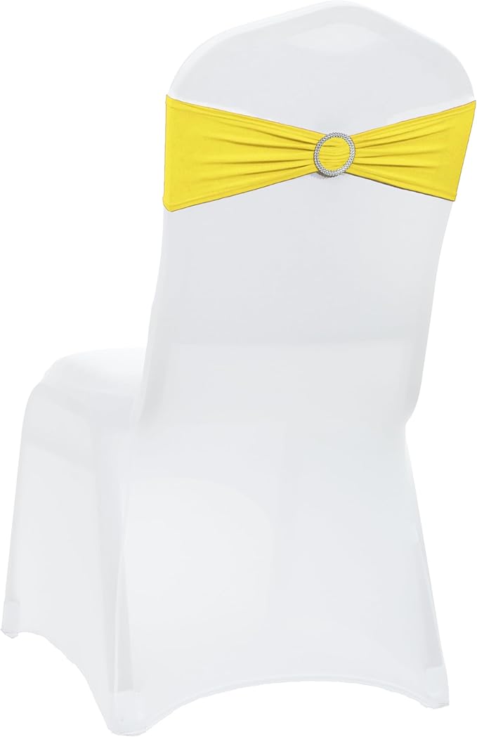VDS - Yellow | Spandex Chair Sashes Bows | 50 PCS | Stretch Elastic Banquet Universal Folding Chair Band Tie with Silver Buckle Slider for Wedding Party Conference Celebration Event Decoration