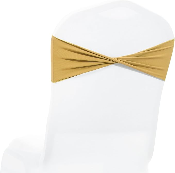 VDS Pack of 100 PCS | Gold | Spandex Chair Sashes Bows Without Buckle | Stretch Elastic Banquet Universal Folding Chair Band Tie with for Wedding Party Conference Celebration Event Decoration