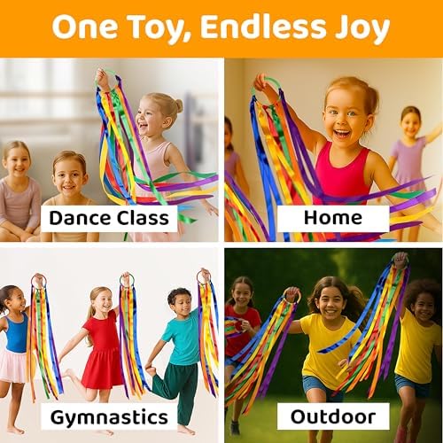 GSi Multicolor Ribbon Wands & Rings for Kids - Pack of 6 Dance Streamers with 9" Stick, 1m Ribbons, Gymnastics & Party Use