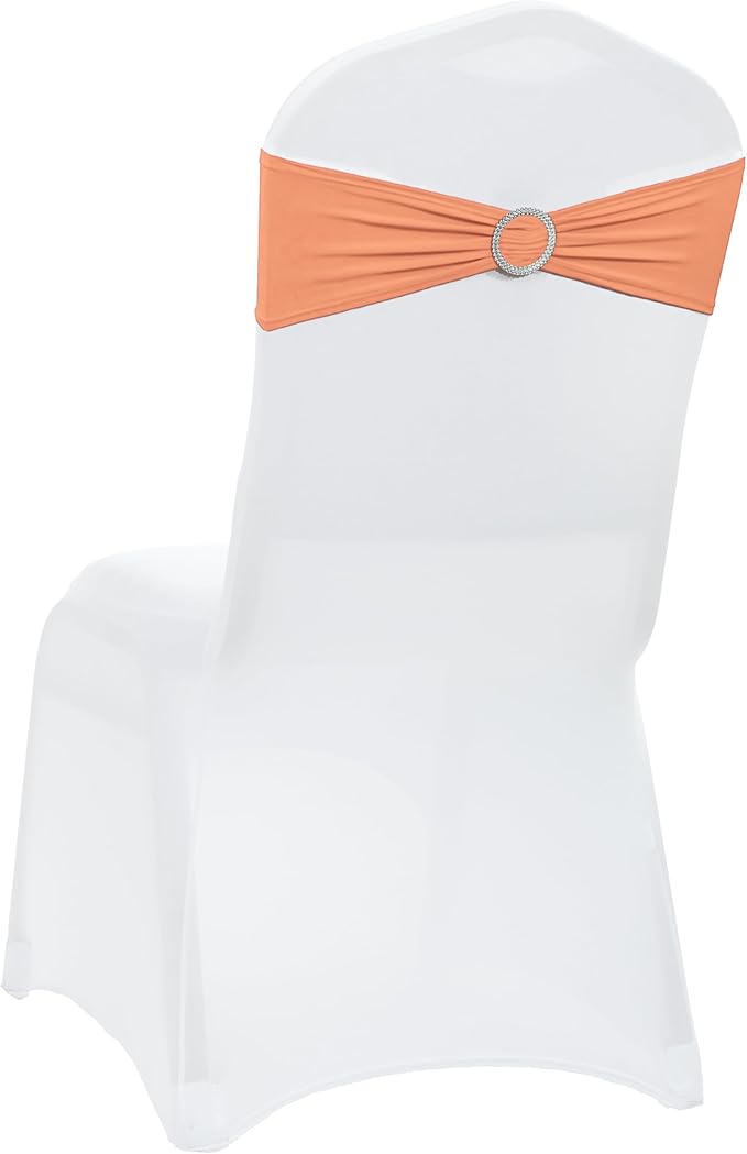 VDS - Peach | Spandex Chair Sashes Bows | 125 PCS | Stretch Elastic Banquet Universal Folding Chair Band Tie with Silver Buckle Slider for Wedding Party Conference Celebration Event Decoration