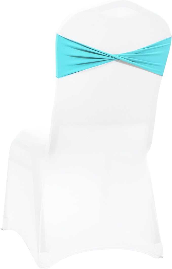 MDS Pack of 75 Spandex Chair Sashes Bows Elastic Stretch Dining Chair Bands Ties Without Slider Buckle Universal fits for Wedding Baby Shower Birthday Party Banquet Event Decoration - Aqua Blue