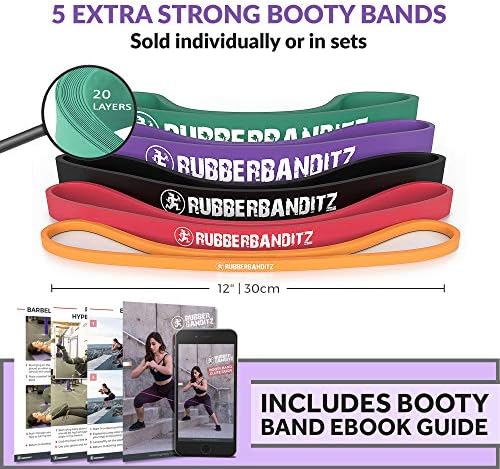 Rubberbanditz Extra Thick Booty Bands - for Glutes and Legs Workouts - Includes eGuide for Women - Mini Loop Exercise Band Engages HIPS, Thighs, Butt, and Abs - 5 Mini Resistance Band Sizes 5-100 lbs