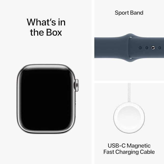 Apple Watch Series 9 [GPS + Cellular 41mm] Smartwatch with Silver Stainless Steel Case with Storm Blue Sport Band S/M. Fitness Tracker, ECG Apps, Always-On Retina Display