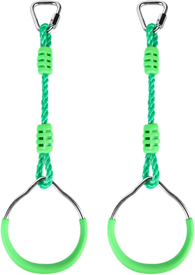 Multi-Color Ninja Rings & Monkey Bars - Adjustable Backyard Obstacle Course for Kids & Adults, Heavy-Duty Gymnastic Swing Rings, Ninjaline Slackline Training Kit (Green)