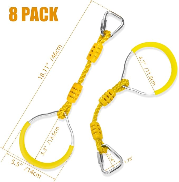 Swing Ninja Ring Indoor Outdoor Backyard PlaySet Fitness Gymnastic Training Equipment, 8 Pack Yellow Hanging Jungle Gym Fist Trapeze Monkey Bars Climbing Ring Ninja Warrior Obstacle Course Attachments