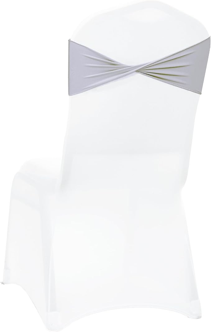 MDS Pack of 75 Spandex Chair Sashes Bows Elastic Stretch Dining Chair Bands Ties Without Slider Buckle Universal fits for Wedding Baby Shower Birthday Party Banquet Event Decoration - Light Silver