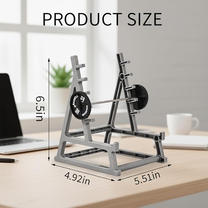 2 Pack Desktop Mini Squat Rack Pen Holder, Gray Metal Gym Equipment Design, Barbell Weight Plate Display Stand, Office Desk Organizer for Fitness Enthusiasts