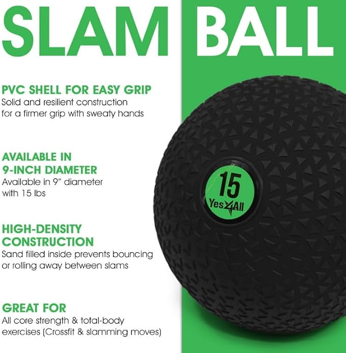 Yes4All Slam Balls, 10-40lb Weighted Ball Weight, Durable PVC Sand Filled Workout Dynamic Slam Ball for Strength Training, Triangle, Black, 15lbs