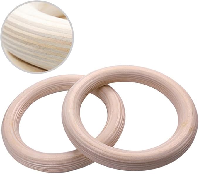 Wood Gymnastics Rings Set, Solid Birch Wooden Fitness Rings for Kids and Adults, Non‑Slip Grip for Home Workout and Pull Up, 2 Pack(25mm 19cm)