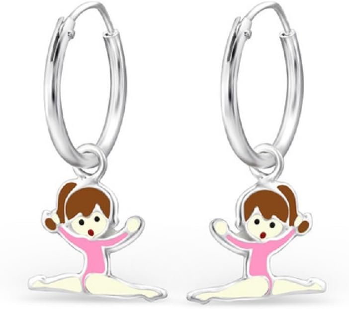 925 Sterling Silver Gymnast Wearing Pink Leotard on Endless Hoop Earrings 28055