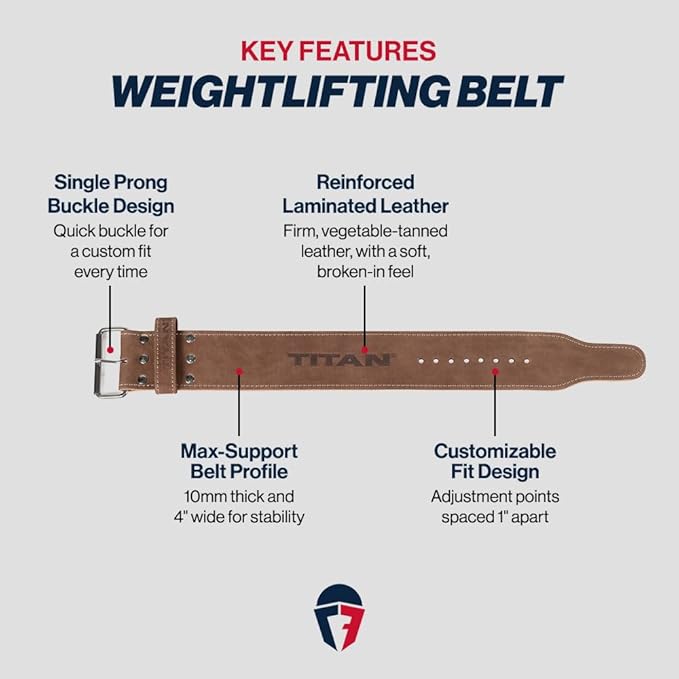 Titan Fitness MAXXUM Weightlifting Belt, 4" Wide x 10mm Thick Vegetable-Tanned Leather, Adjustable Single Prong Buckle for Powerlifting, Deadlifts, Weight Training & Bodybuilding