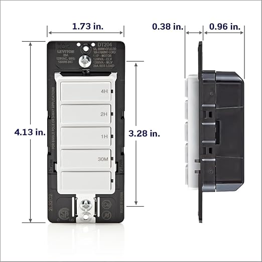 Leviton Countdown Switch for lights, attic, heaters, pool pumps, 30 min, 1-2-4 hour, Neutral Wire Required, 20A, 1 HP/16A Fan/Motor, Single Pole, Multi-Way or Multi-Timer, DT204-1LW, White