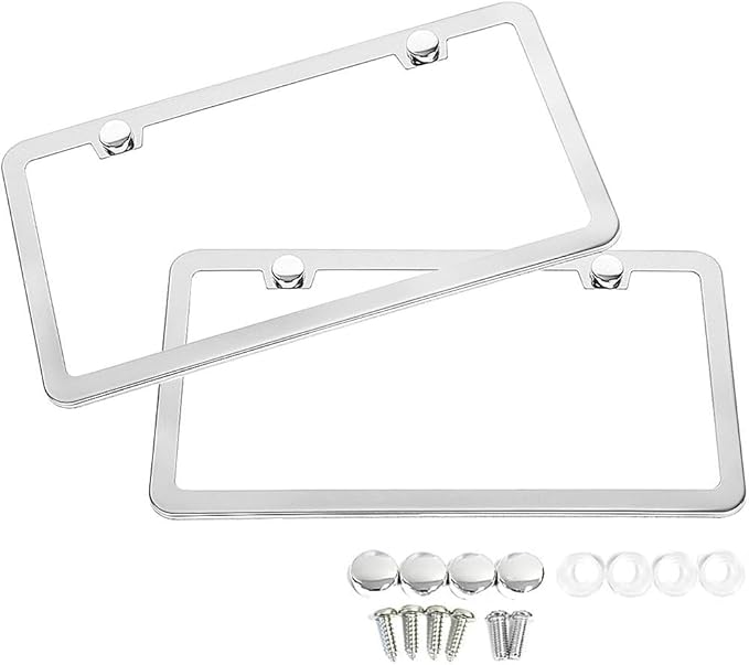 SunplusTrade 2 Stainless Steel Polish Mirror License Plate Frame + Chrome Screw Caps (Silver)