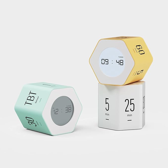 mooas Multi-Hexagon Clock Cube Timer, Digital Clock Time Timer, Pomodoro Timers, Backlit Display 12/24H Mode Count up & Countdown, Rotating Various time presets ideal for Classroom Gym Kitchen (White)