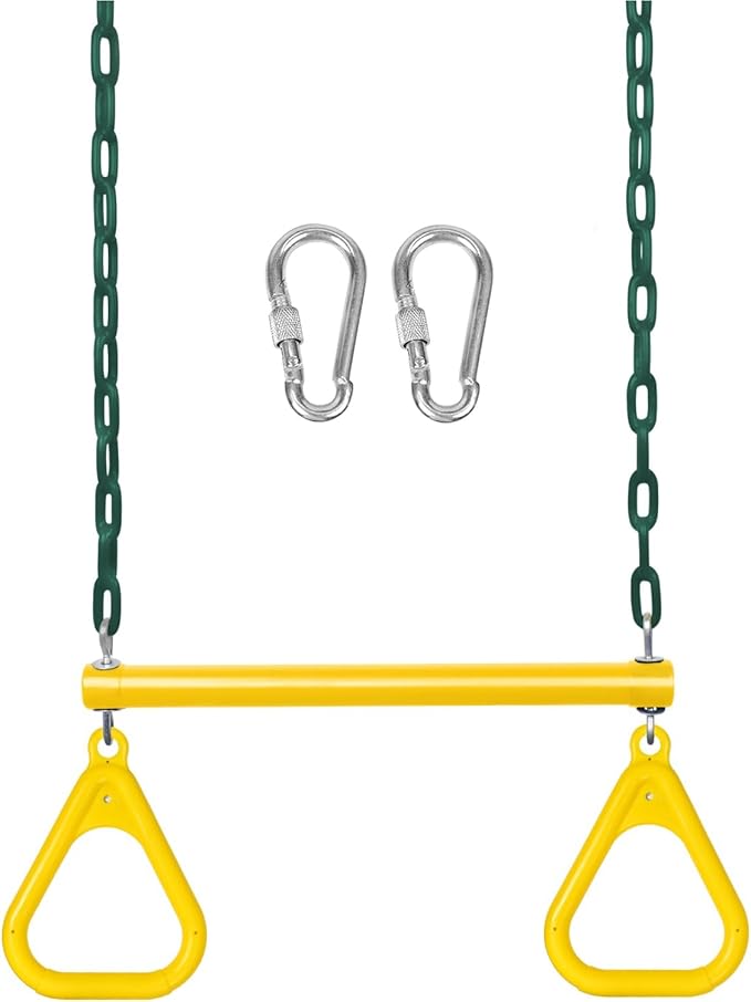 LadyRosian 17" Gym Trapeze Swing Bar Rings 47" Heavy Duty Chain Swing Set Accessories with Locking Carabiners Plastic Coated Chains Monkey Bars for Backyard, Playroom (Yellow)