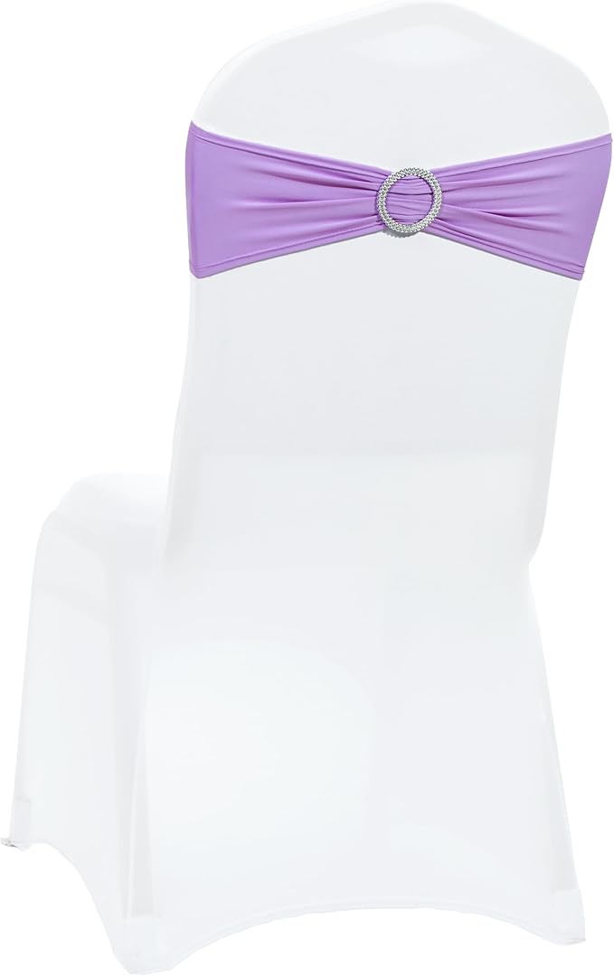 VDS - Lavender | Spandex Chair Sashes Bows | 50 PCS | Stretch Elastic Banquet Universal Folding Chair Band Tie with Silver Buckle Slider for Wedding Party Conference Celebration Event Decoration