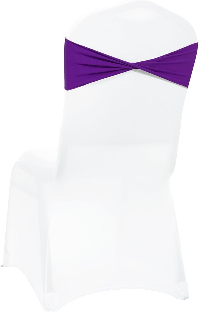 MDS Pack of 50 Spandex Chair Sashes Bows Elastic Stretch Dining Chair Bands Ties Without Slider Buckle Universal fits for Wedding Baby Shower Birthday Party Banquet Event Decoration - Purple