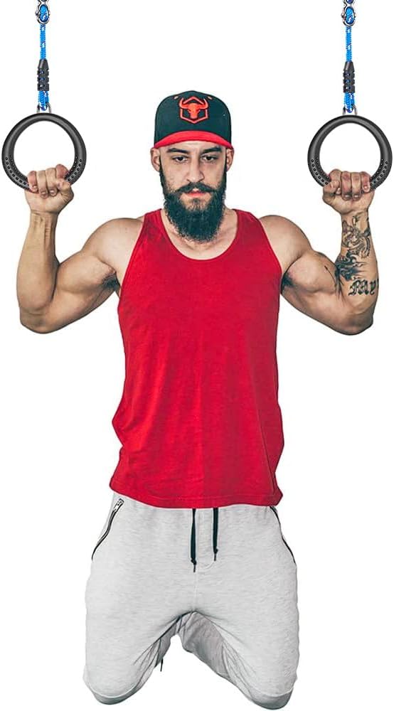 SELEWARE Trapeze Swing Rings, Non-Slip Gymnastic Rings Pull Up Exercise Rings with Adjustable Ropes for Home Gym Playground Ninja Warrior Obstacle Course Training Workout (Black, 2 Pack)