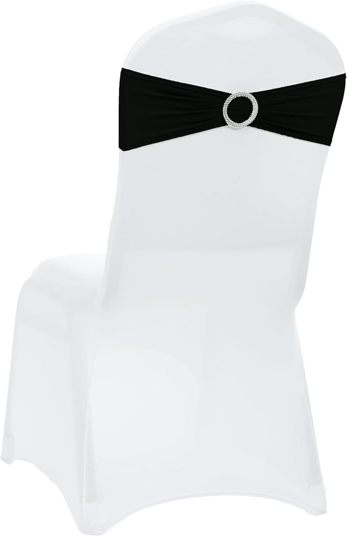 VDS - Black | Spandex Chair Sashes Bows | 300 PCS | Stretch Elastic Banquet Universal Folding Chair Band Tie with Silver Buckle Slider for Wedding Party Conference Celebration Event Decoration