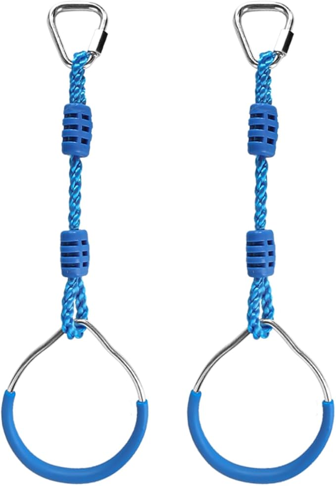 Multi-Color Ninja Rings & Monkey Bars - Adjustable Backyard Obstacle Course for Kids & Adults, Heavy-Duty Gymnastic Swing Rings, Ninjaline Slackline Training Kit (Blue)