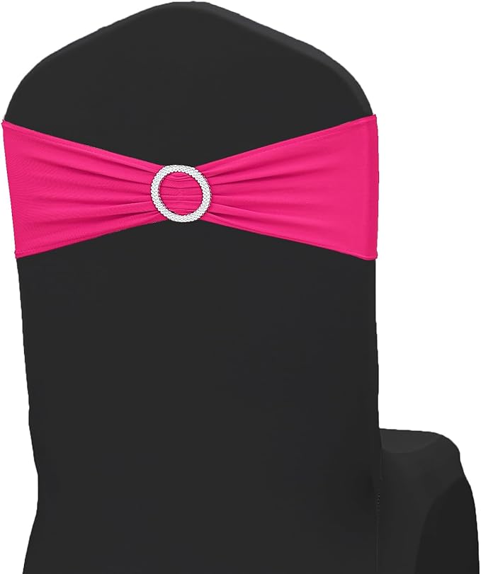 Hot Pink Chair Sashes Bows - 50PCS Stretch Spandex Chair Sashes Bands with Buckles Slider Universal Elastic Chair Ties for Wedding Party Banquet Baby Shower Events Decoration
