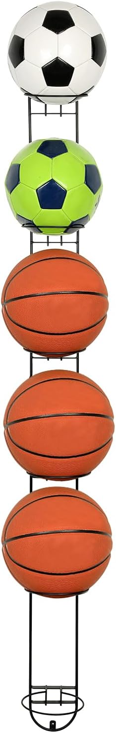 MyGift Modern Black Metal Sports Ball Storage Rack, Medicine Ball, Basketball, Soccer Ball, Volleyball Wall Holder for Gym or Garage