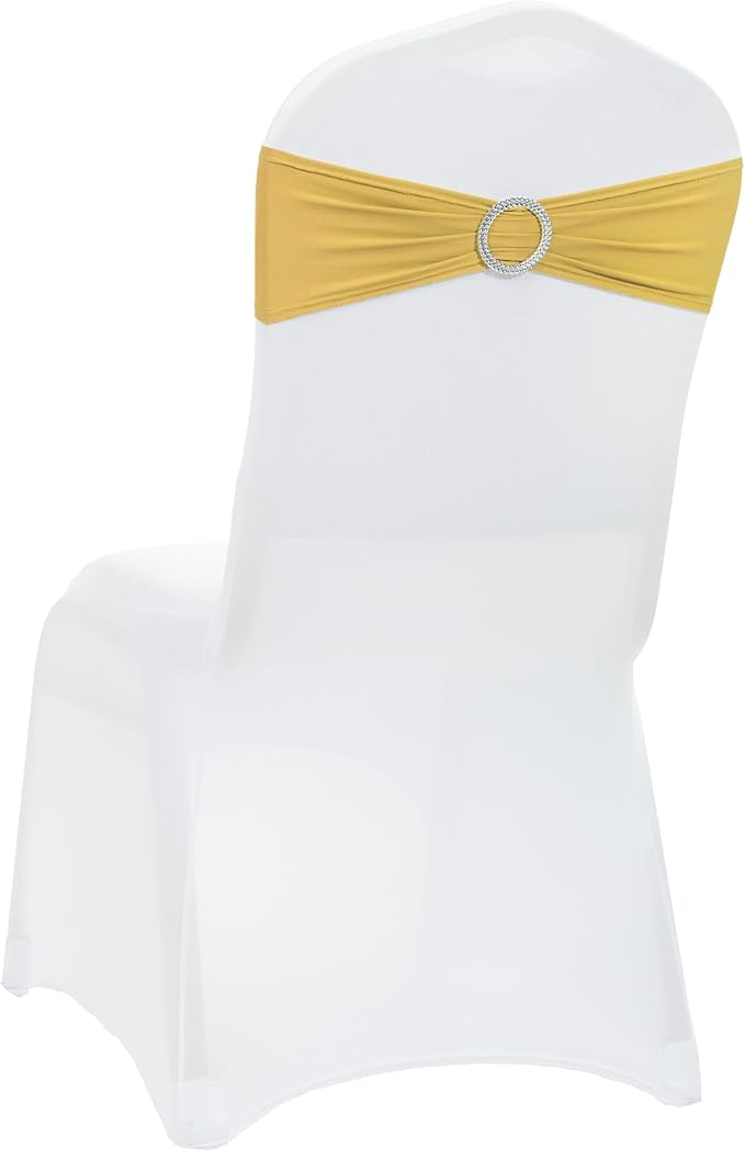 VDS - Gold | Spandex Chair Sashes Bows | 125 PCS | Stretch Elastic Banquet Universal Folding Chair Band Tie with Silver Buckle Slider for Wedding Party Conference Celebration Event Decoration