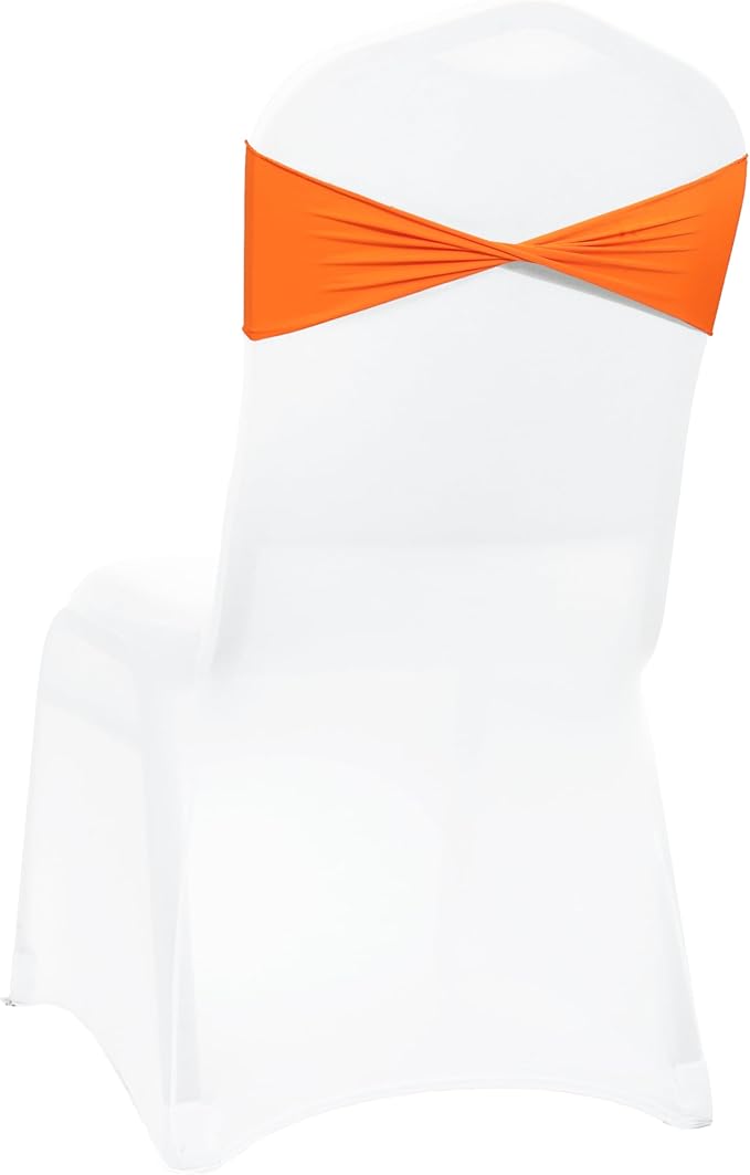 MDS Pack of 50 Spandex Chair Sashes Bows Elastic Stretch Dining Chair Bands Ties Without Slider Buckle Universal fits for Wedding Baby Shower Birthday Party Banquet Event Decoration - Orange